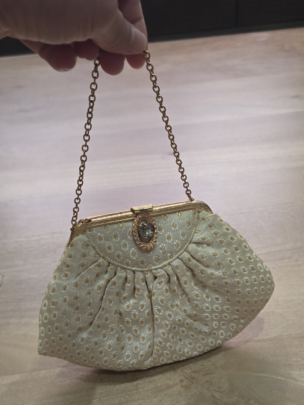 Vintage La Marquise Cream Gold Brocade Evening Bag Clutch Jewel Clasp Mirror